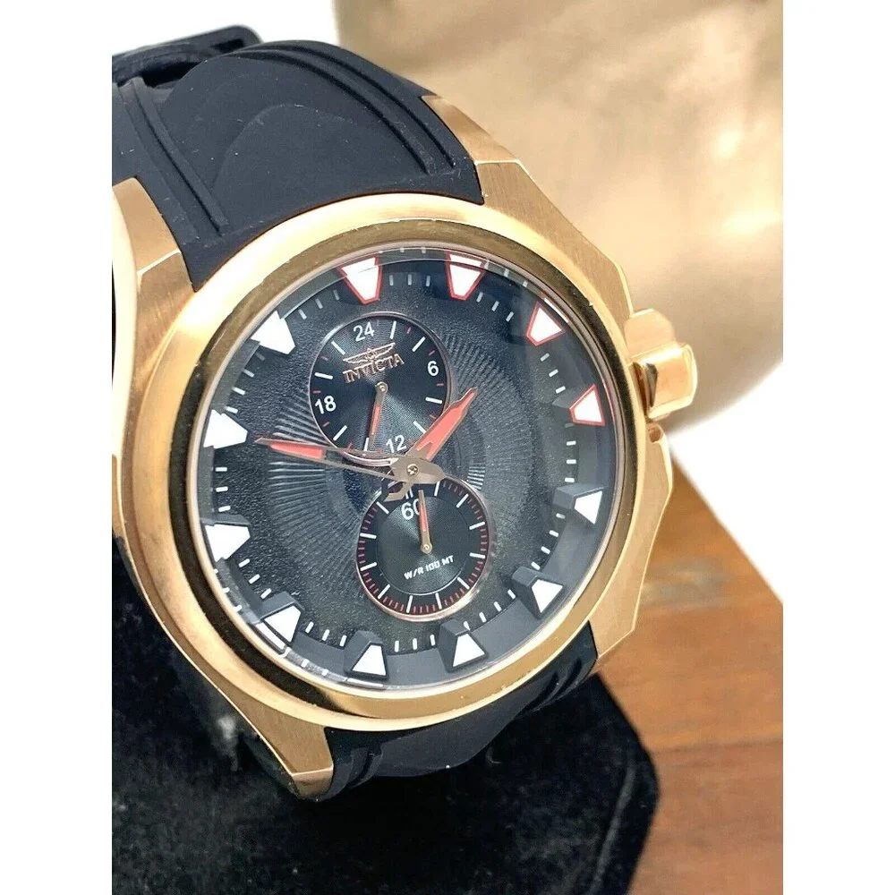 Invicta Men's Watch 38015 S1 Rally Quartz Black Dial Rose Gold Rubber Band 47mm
